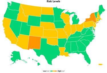 Map of Covid risk levels by state in the U.S.
