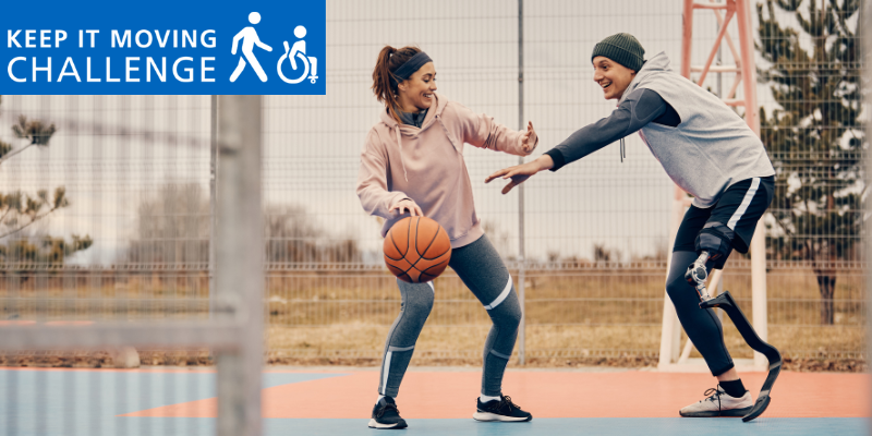 Keep It Moving Challenge logo over a photo of a happy athlete with artificial leg having fun while playing basketball with a woman outdoors