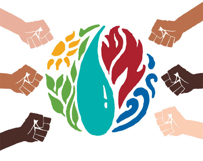 Defining JEDI six hands with different skin colors around climate and health logo