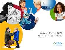 APHA Annual Report 2020 cover with people wearing face masks, child getting vaccination, woman holding protest sign, water droplet, smiling girl