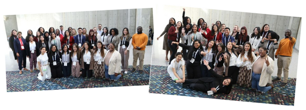 Two group photos of Kaiser Permanente Community Health Fellows and Scholars smiling and making silly faces at APHA's 2023 Annual Meeting