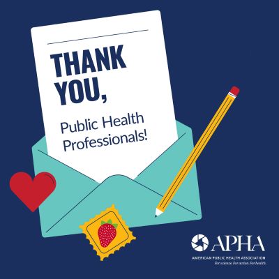 A letter saying "Thank You, Public Health Professionals" coming out of an envelope, with a pencil, a stamp and a heart