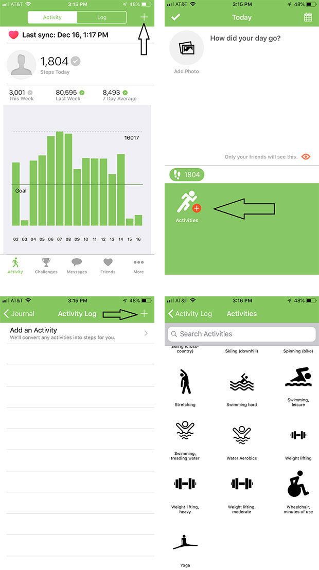 four screenshots of Walker Tracker App showing how to log activity