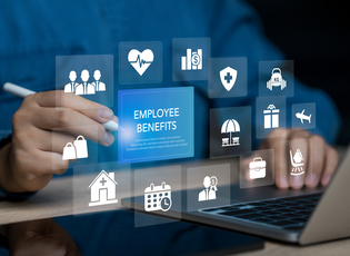 Employee benefits concept and access to welfare health, Fringe benefits for employee engagement. Insurance, paid vacation, office perks. Businessman using laptop to electronic on screen. stock photo