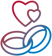 Blue and red icon of wedding rings and a heart