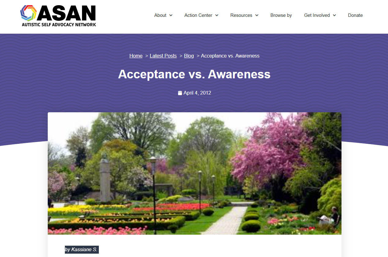 Screenshot of the article page on ASAN's website, the title Acceptance vs. Awareness and a photo of a colorful garden are front and center