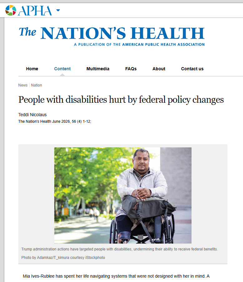 Screenshot of the online article page featuring an image of a man in a wheelchair