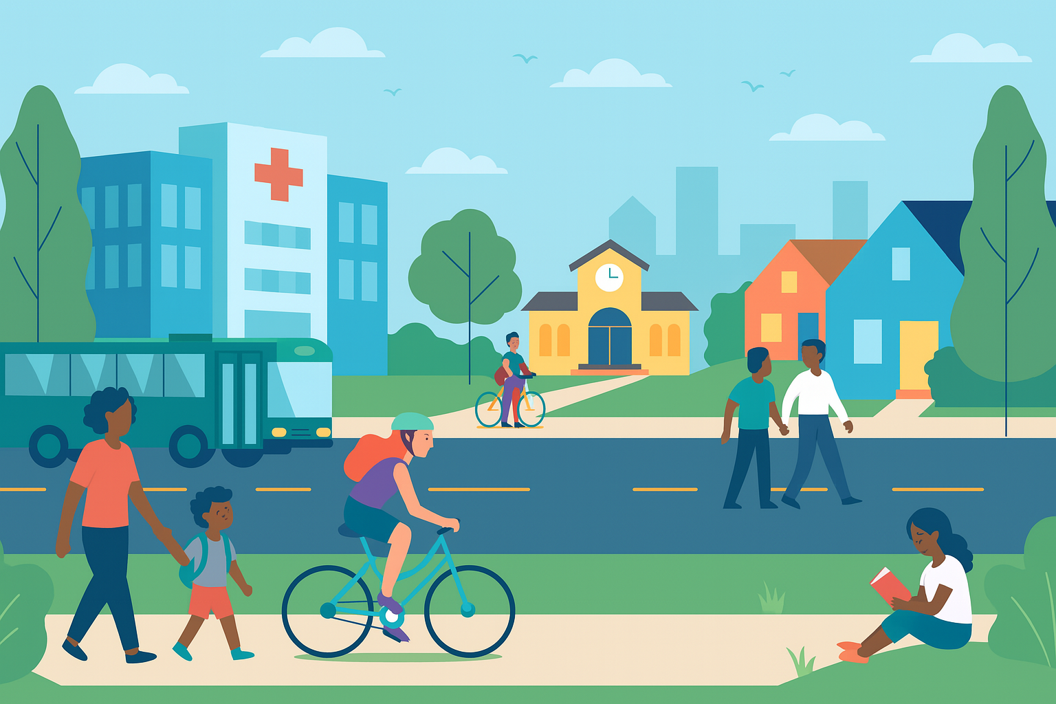 Cartoon of people outside in a neighborhood