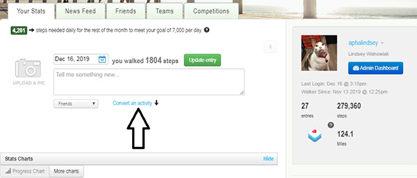 Screenshot of Walker Tracker webpage and how to choose an activity to log