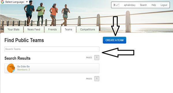 Screenshot of Walker Tracker webpage and CREATE TEAM button