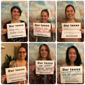 collage of six women with Our taxes signs