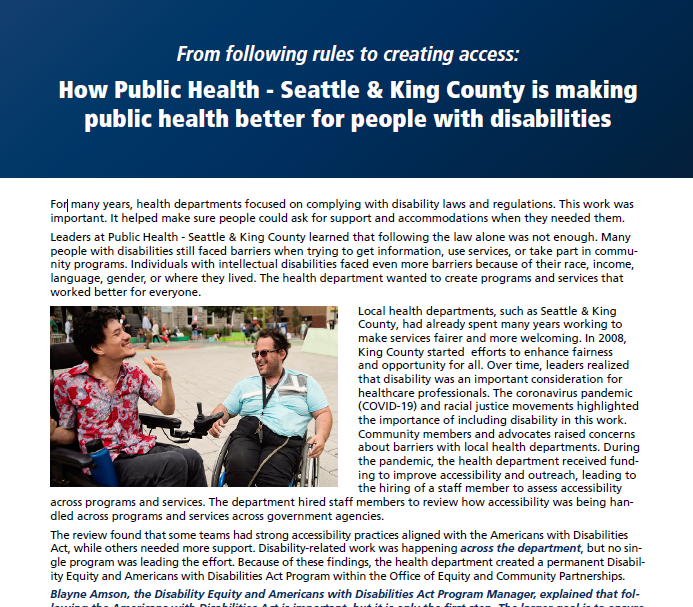 Screenshot of the pdf case study first page that highlights the title and a photo of two people in power wheelchairs outside, smiling. 