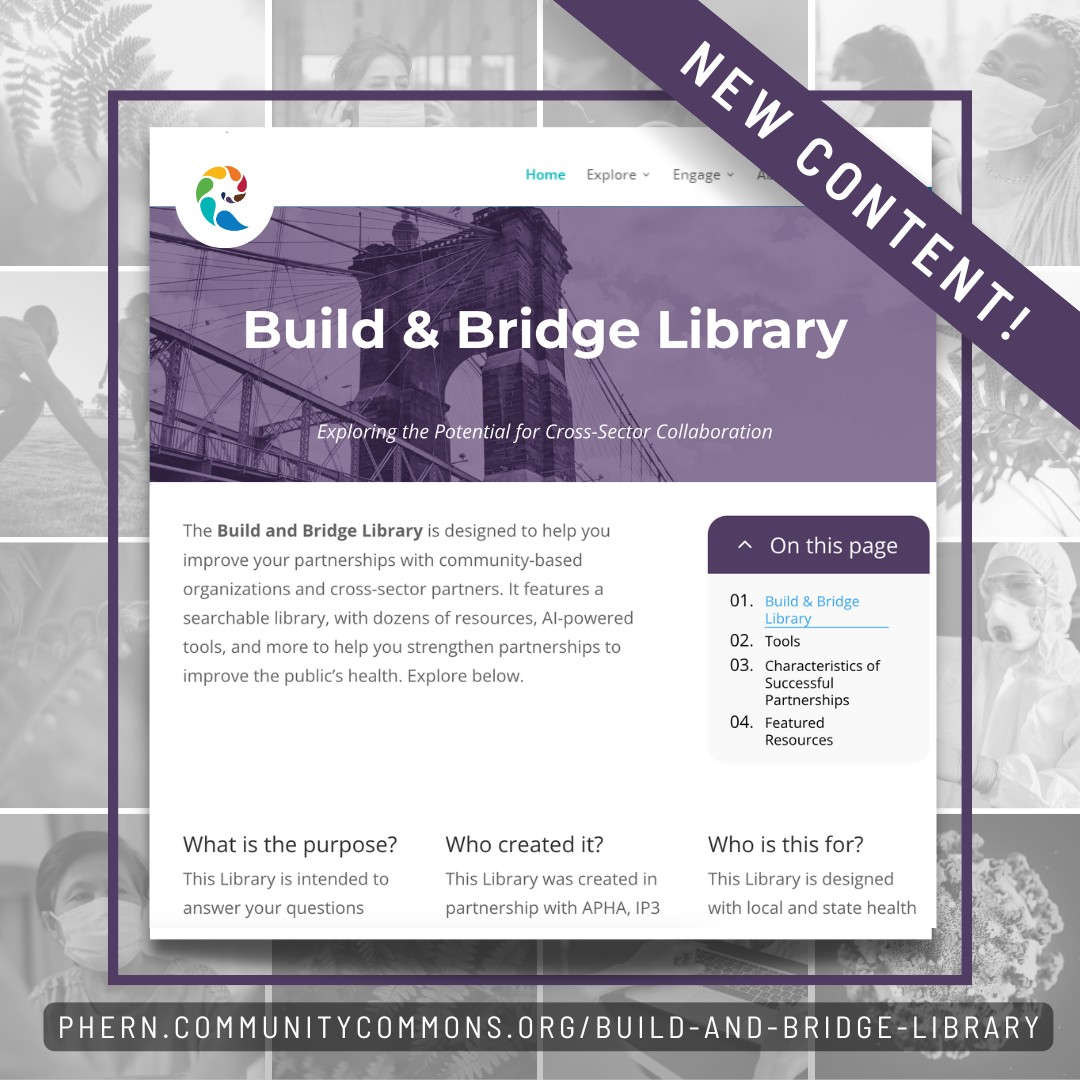 Graphic with PHERN logo and text “Build & Bridge Library – New Content!” showing a webpage preview with sections on tools, resources, and more.