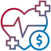 Blue and red icon of a heart and cents