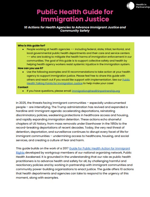 Cover of the public health guide for for immigration justice