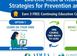 Extreme heat and health strategies for prevention and action graphic with two options for participating in the course