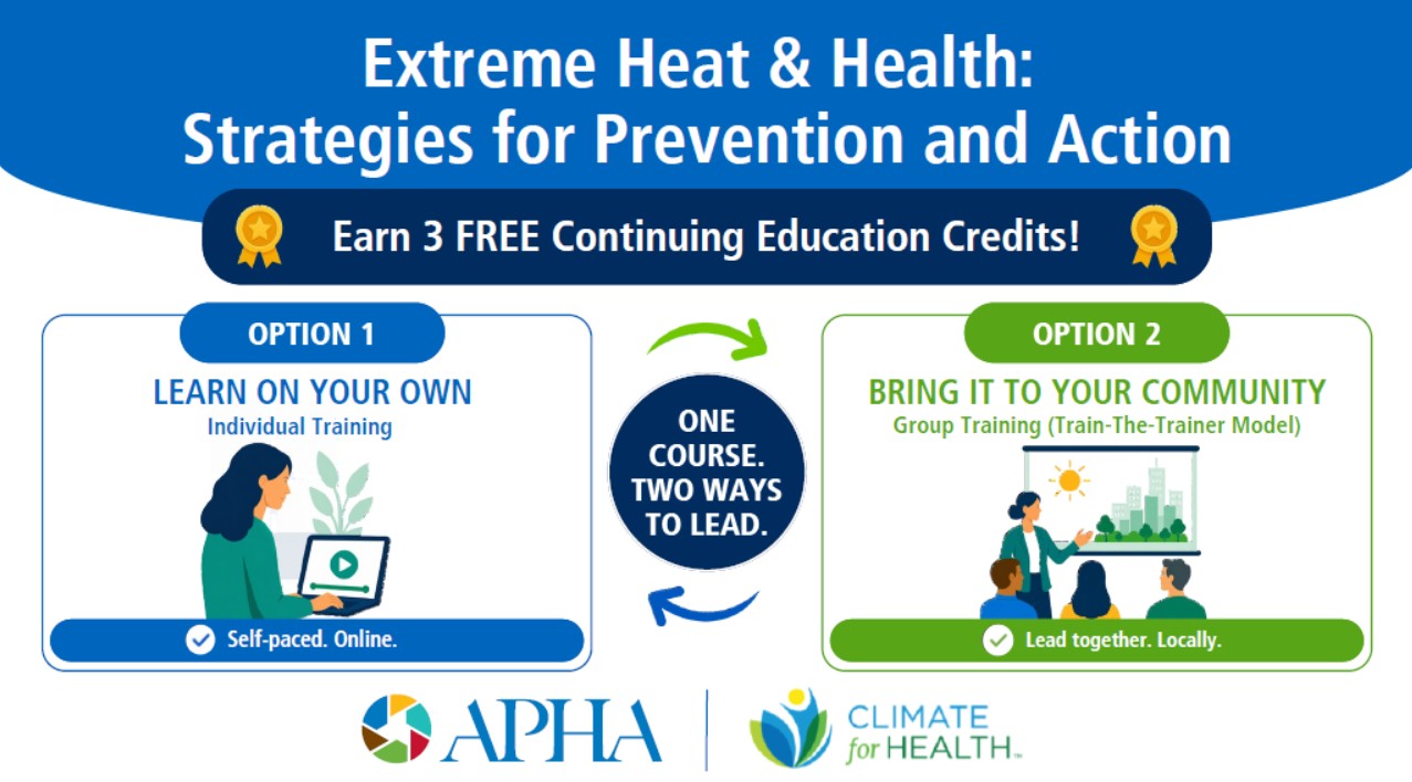 Extreme heat and health strategies for prevention and action graphic with two options for participating in the course