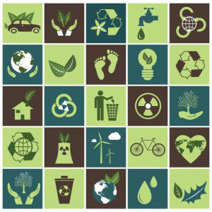collage of ecology icons such as hands holding leaves, footprints, a globe, the recycle symbol