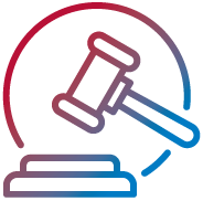 Blue and red icon of a gavel