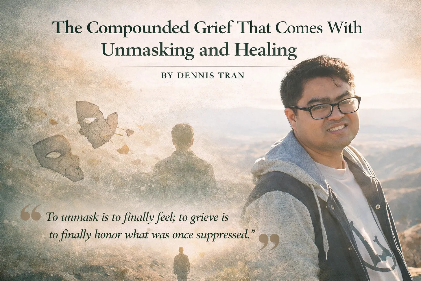 A soft, artistic graphic featuring Dennis Tran standing in a sunlit mountain landscape. Cracked mask fragments float in the background, symbolizing unmasking and healing.