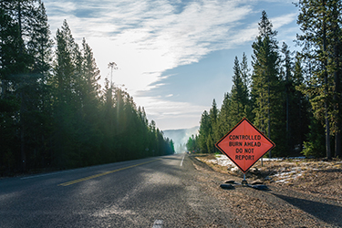 Controlled burn sign along road in forest warning motorists of a prescribed burn area ahead