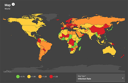 color coded world map of COVID infections