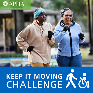Two smiling women walking, logo says Keep It Moving Challenge