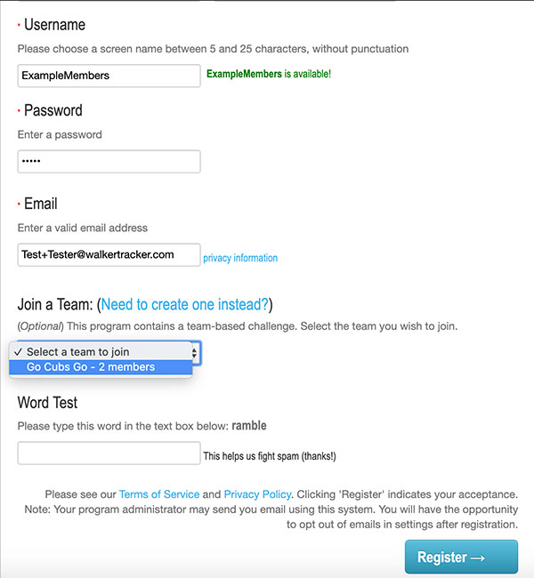Screenshot of Walker Tracker account creation