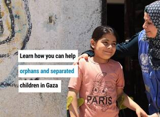 Image of a disabled child and an UNWRA employee embracing them with words that read learn how you can help orphans and separated children in Gaza. 