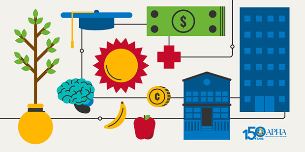 collage of public health images including a sun, apple, dollar bill, tree