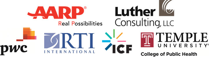 Logos, AARP, Luther Consulting, pwc, RTI International, ICF, Temple University College of Public Health