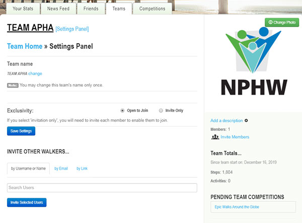 Screenshot of Walker Tracker webpage and teams settings panel