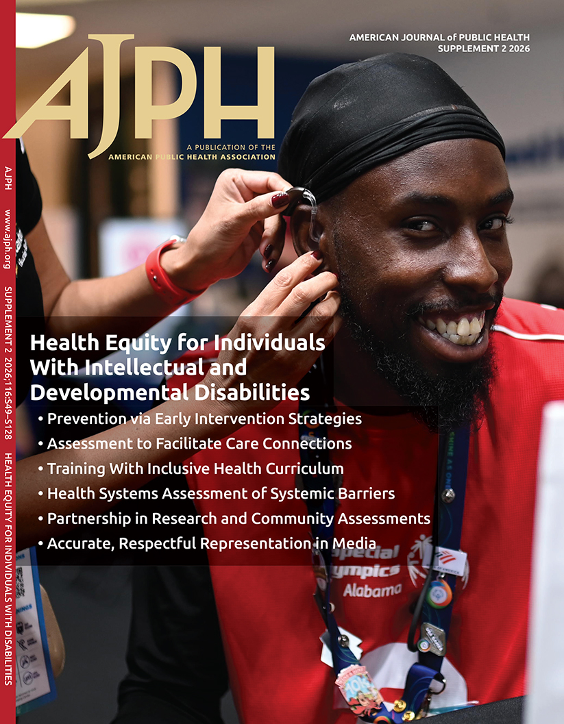 Cover of AJPH featuring a Black Special Olympics Athlete getting a hearing aid put in their ear