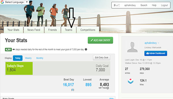 Screenshot of Walker Tracker webpage and teams tab