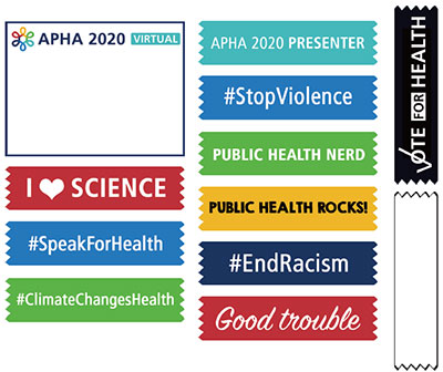 Printable APHA 2020 badge and colorful public health ribbons