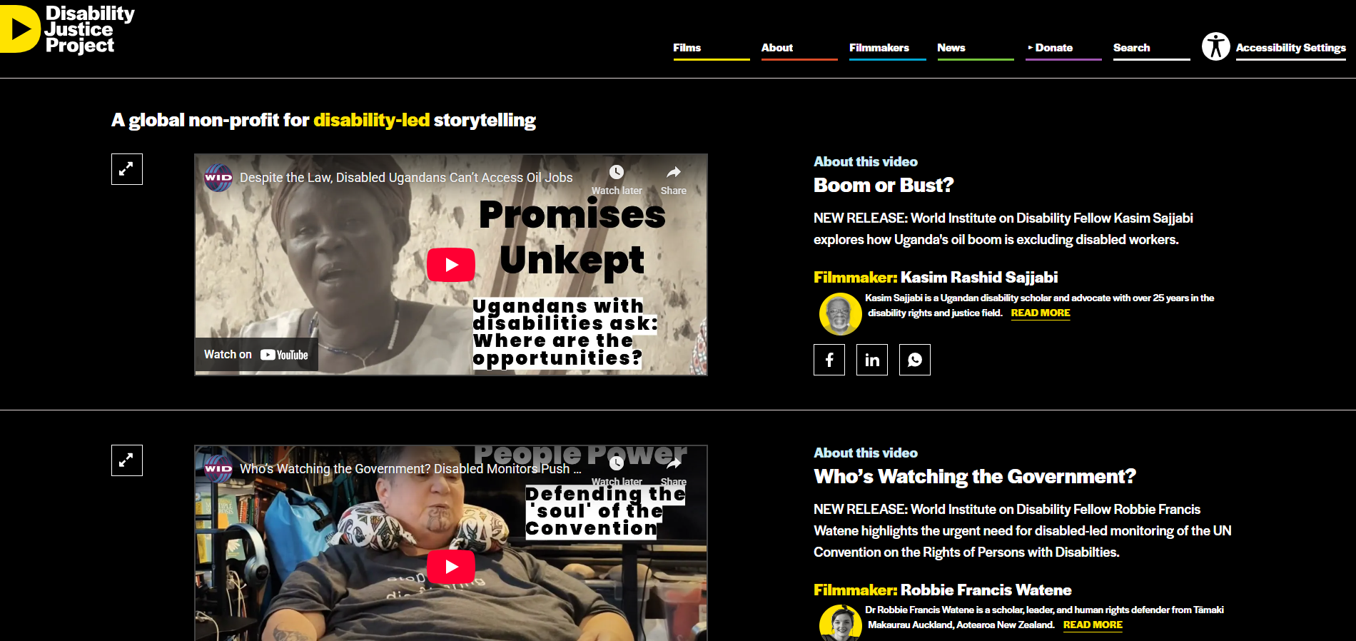 Screenshot of the DJ project website that showcases two videos on disability justice