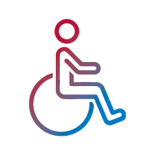 Blue and red icon of a wheelchair