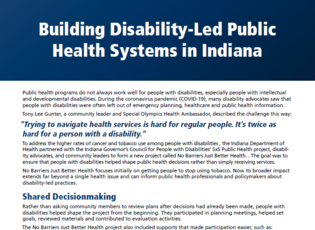 Screenshot of the PDF case study, the title Building Disability-Led Public Health Systems in Indiana stands out as well as a photo of a group of people around a white board