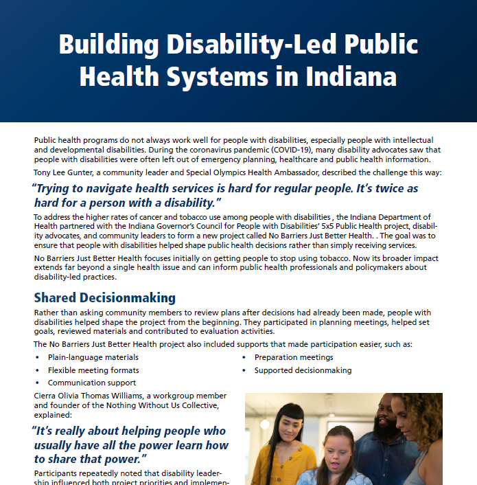 Screenshot of the PDF case study, the title Building Disability-Led Public Health Systems in Indiana stands out as well as a photo of a group of people around a white board